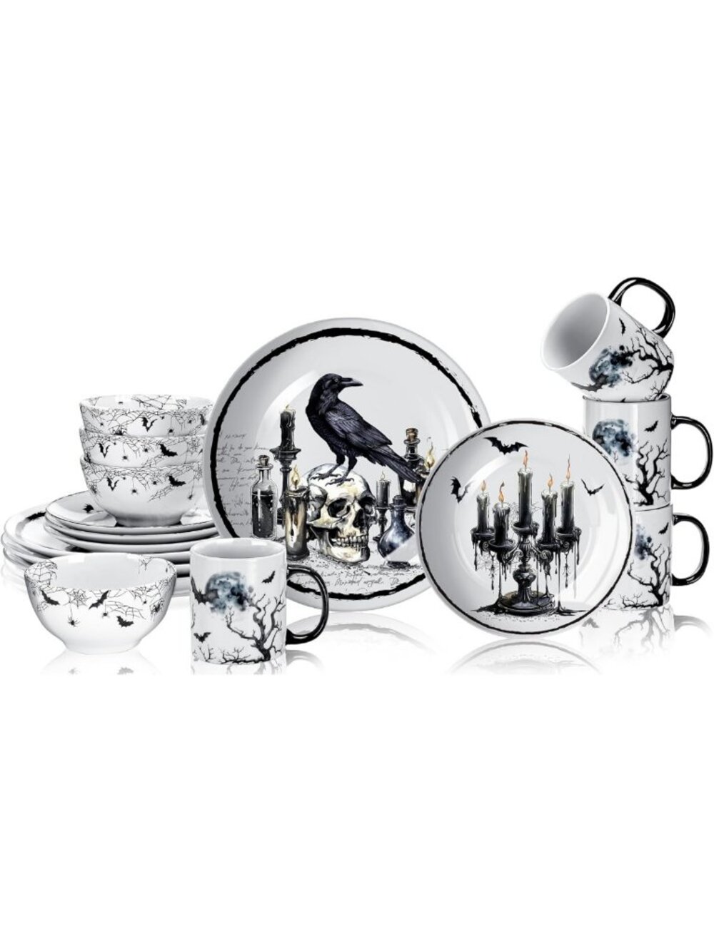 Gothic Halloween Dinnerware Set - 16 Pcs Ceramic Tableware for 4 Guests